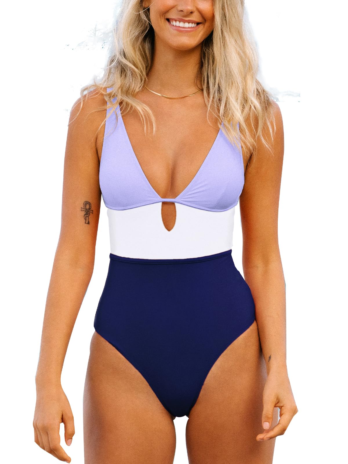 CUPSHE Women's One Piece Swimsuit Color Block Keyhole Cutout Bathing Suit S, Light Purple