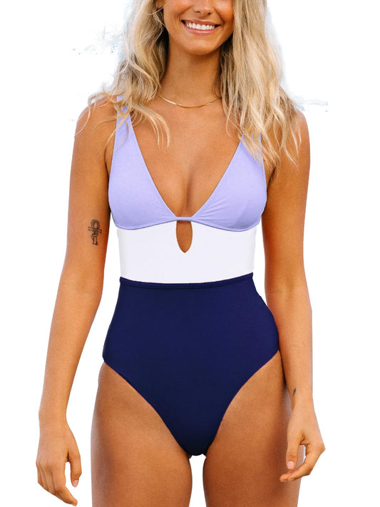 CUPSHE Women's One Piece Swimsuit Color Block Keyhole Cutout Bathing Suit S, Light Purple