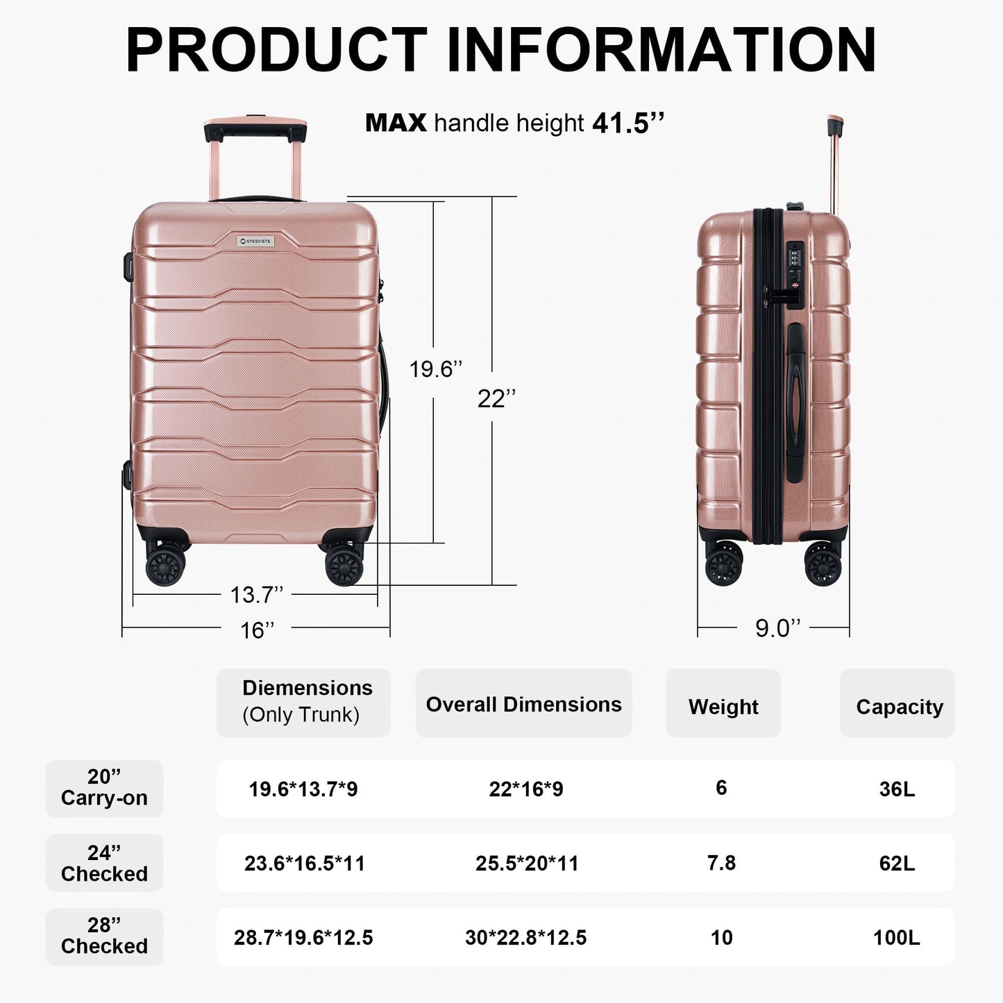 Speskiste 3 Piece Luggage Set, PC+ABS Lightweight Suitcase Sets with Spinner Wheels, Hardshell Luggage Sets with TSA Lock RoseGold (20/24/28)