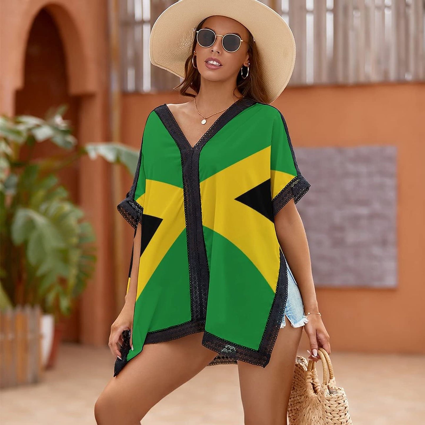 Jdadrh Jamaican Flag Women's Beach Cover up Swimsuit Soft Fabric with Bohemian Style Print for Beach Swimwear, Summer Casual Loose Sun Dress