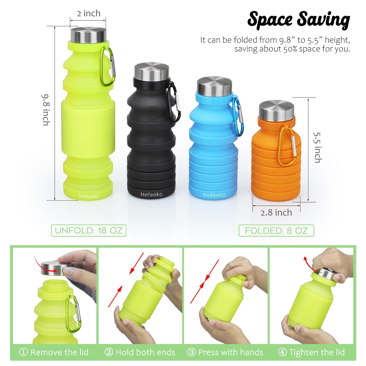 Nefeeko Collapsible Water Bottle, Reuseable BPA Free Silicone Foldable Water Bottles for Travel Gym Camping Hiking, Portable Leak Proof Sports Water Bottle with Carabiner