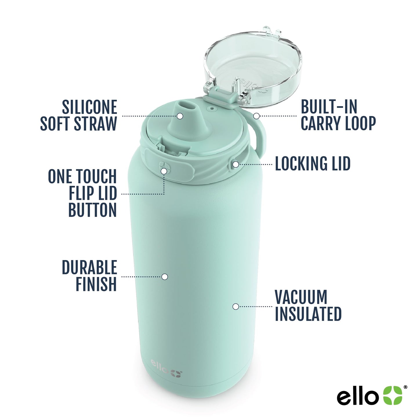 Ello Cooper 22oz Stainless Steel Water Bottle with Straw and Carry Handle, Double Walled and Vacuum Insulated Metal, Leak Proof Locking Lid with Soft Silicone Spout, Reusable, BPA Free, Coral