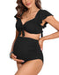 Charmo Maternity Swimsuit Two Piece Ruffle Sleeve Ribbed Ruched Bikini Tie Knot High Waisted Pregnancy Swimwear Black S