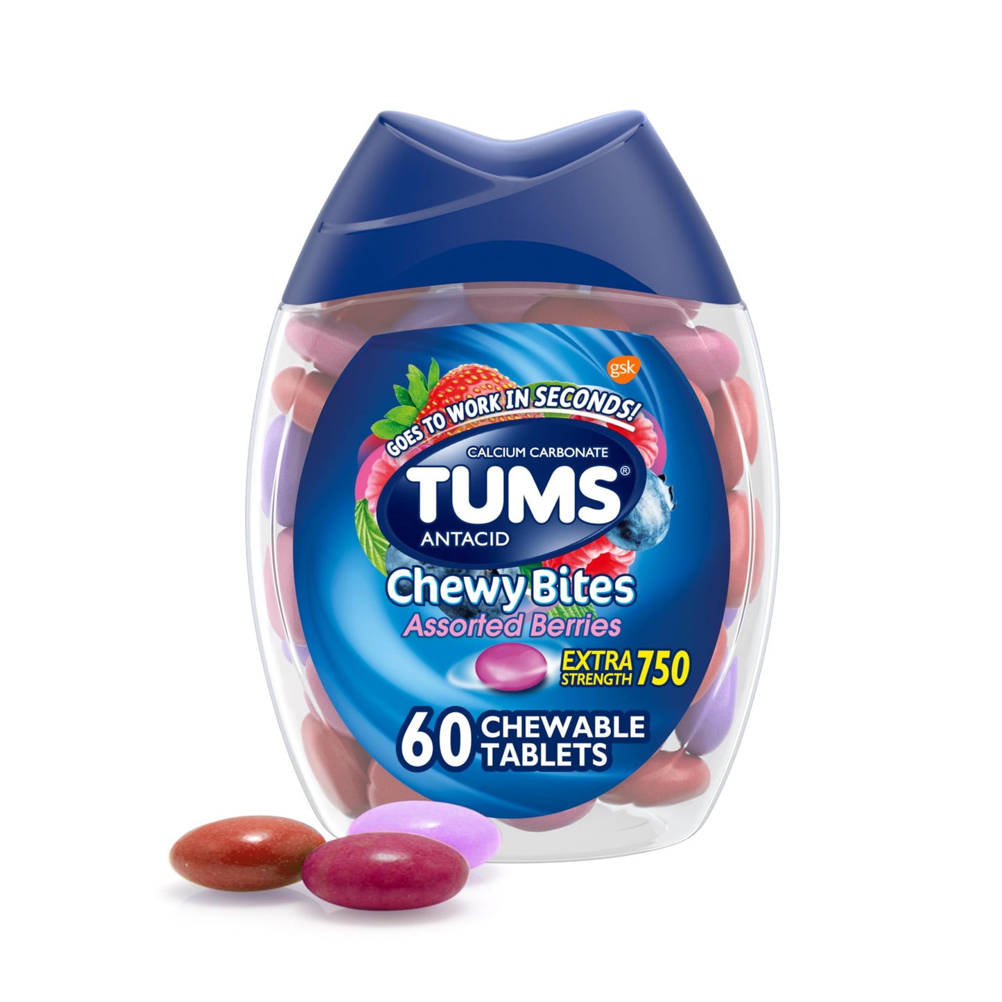 TUMS Chewy Bites Antacid Tablets for Chewable Heartburn Relief and Acid Indigestion Relief, Assorted Berries - 60 Count