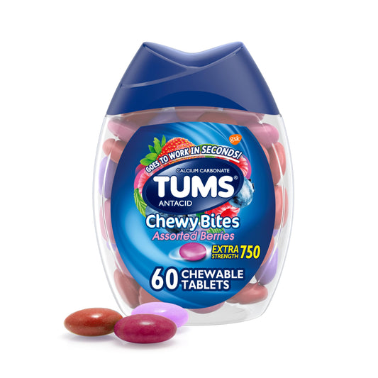 TUMS Chewy Bites Antacid Tablets for Chewable Heartburn Relief and Acid Indigestion Relief, Assorted Berries - 60 Count