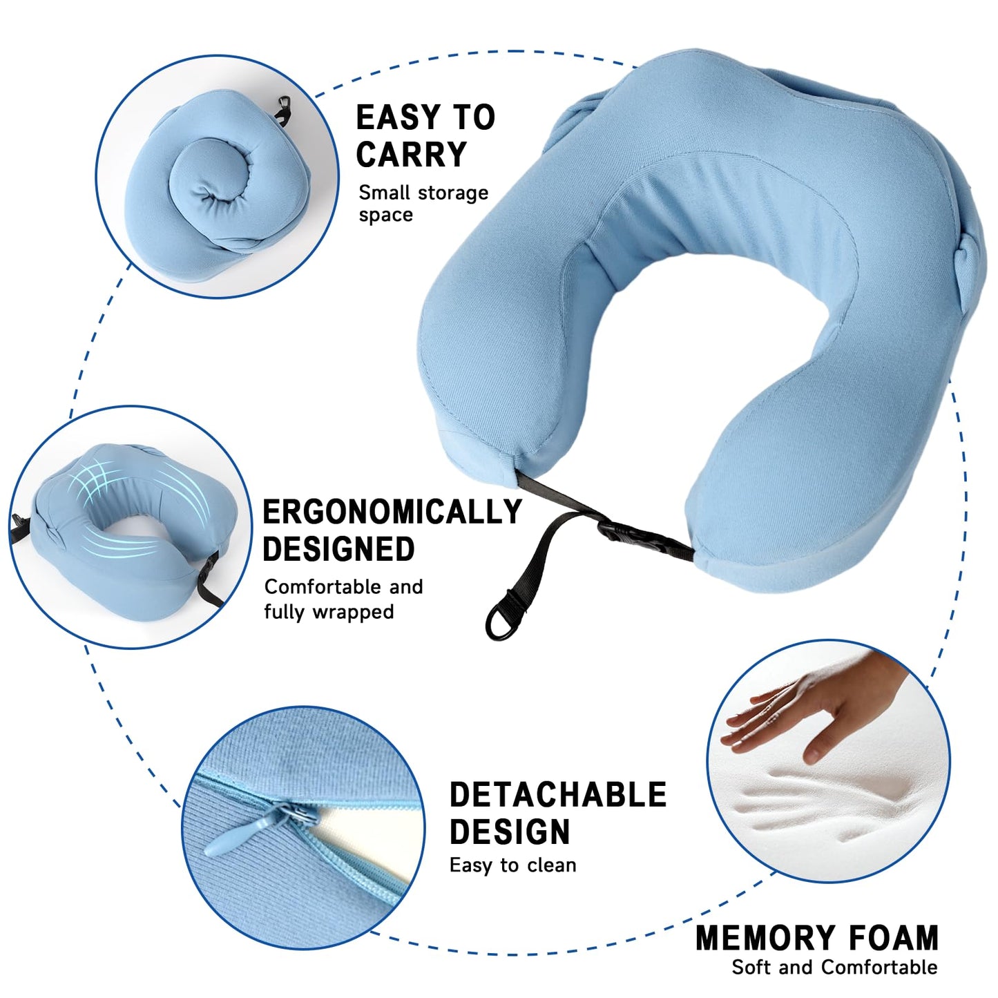 ALLINCOZY Hooded Travel Pillow, 100% Pure Memory Foam Upgraded Travel Neck Pillow with Hood for Airplane, Outdoor, Office, Soft, Washable, Easy Storage, Blue