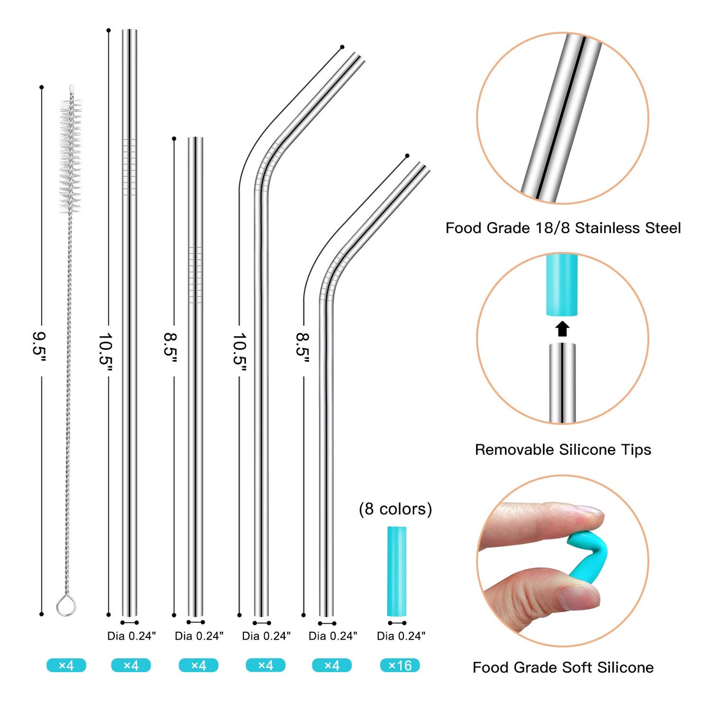 StrawExpert Set of 16 Reusable Stainless Steel Straws with Travel Case Cleaning Brush Silicone Tips Eco Friendly Extra Long Metal Straws Drinking for 20 24 30 oz Tumbler