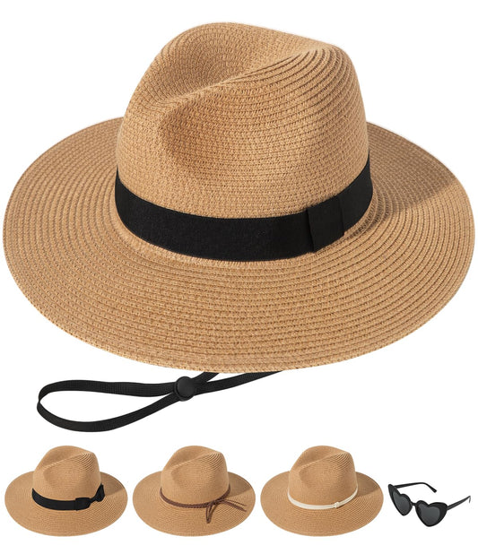 Sun Hats for Women Straw Panama Hat Wide Brim Fedora Beach Hat Packable UV UPF 50+ Summer Hat Khaki