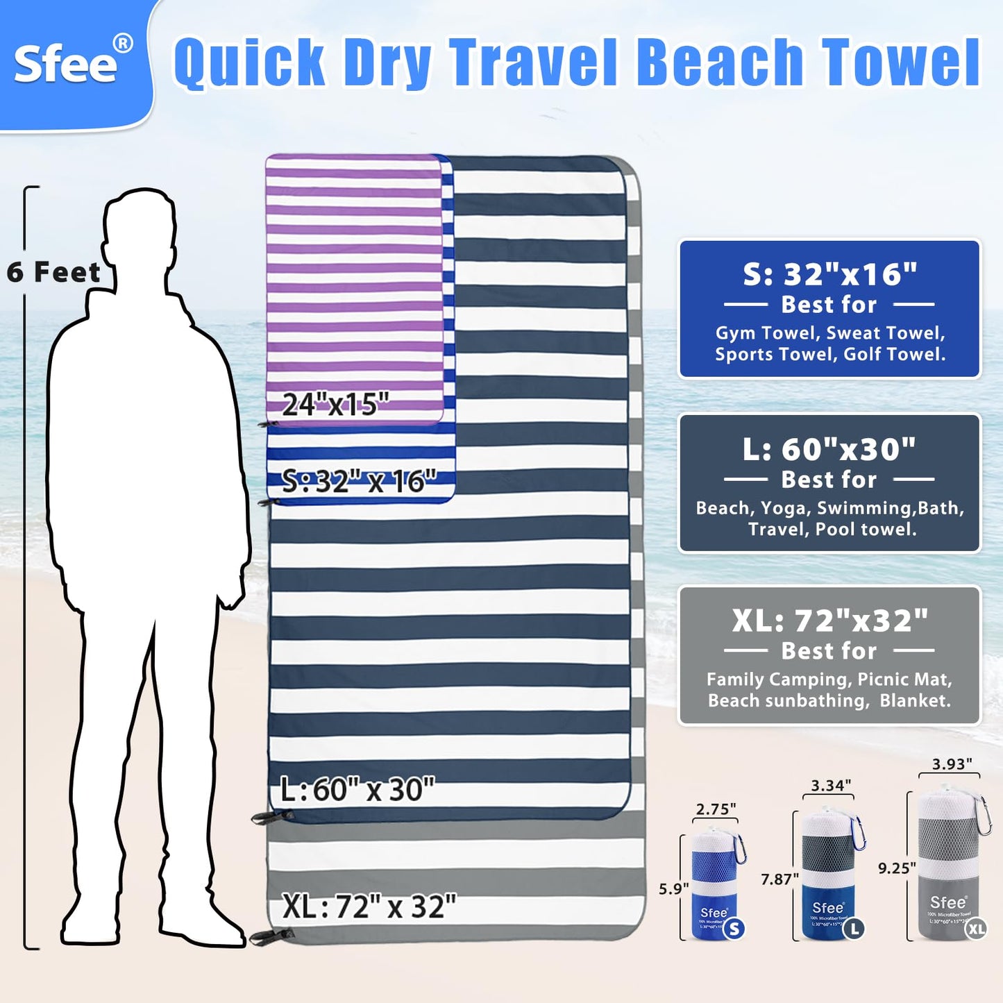 Sfee 2 Pack Microfiber Oversized Beach Towel, Quick Dry Towel Travel Towel Camping Towel Super Absorbent Compact Lightweight Sports Towel Gym Towel for Beach,Gym, Hiking, Pool, Backpacking, Bath, Yoga