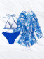 SHENHE Women's 3 Piece Swimsuit Leaf Print Halter Drawstring Side Bikini Set with Cover Up Royal Blue White L