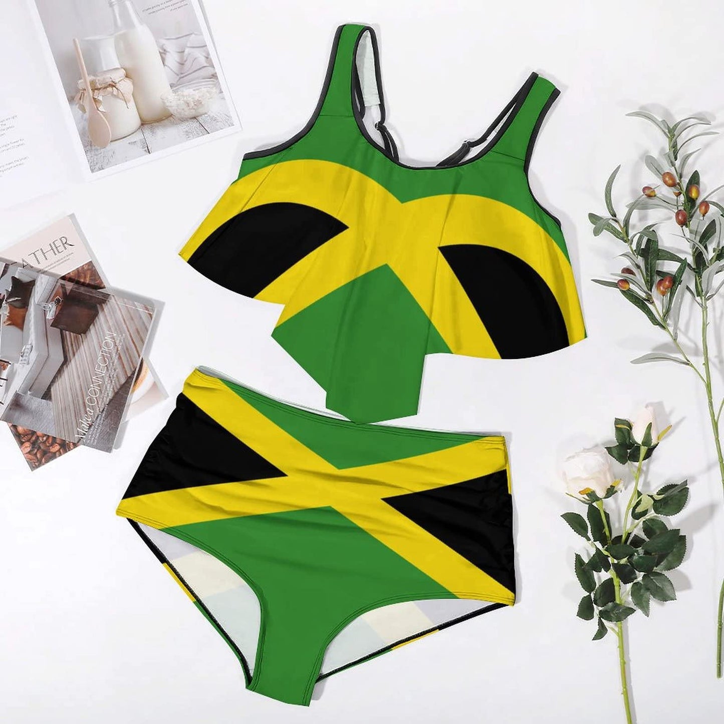 Jamaica Flag Plus-Size Ruffled Top 2 Piece Tankini Swimsuits for Women Bathing Suits with Ruched High Waisted Bikini Bottom Swimsuit-XL