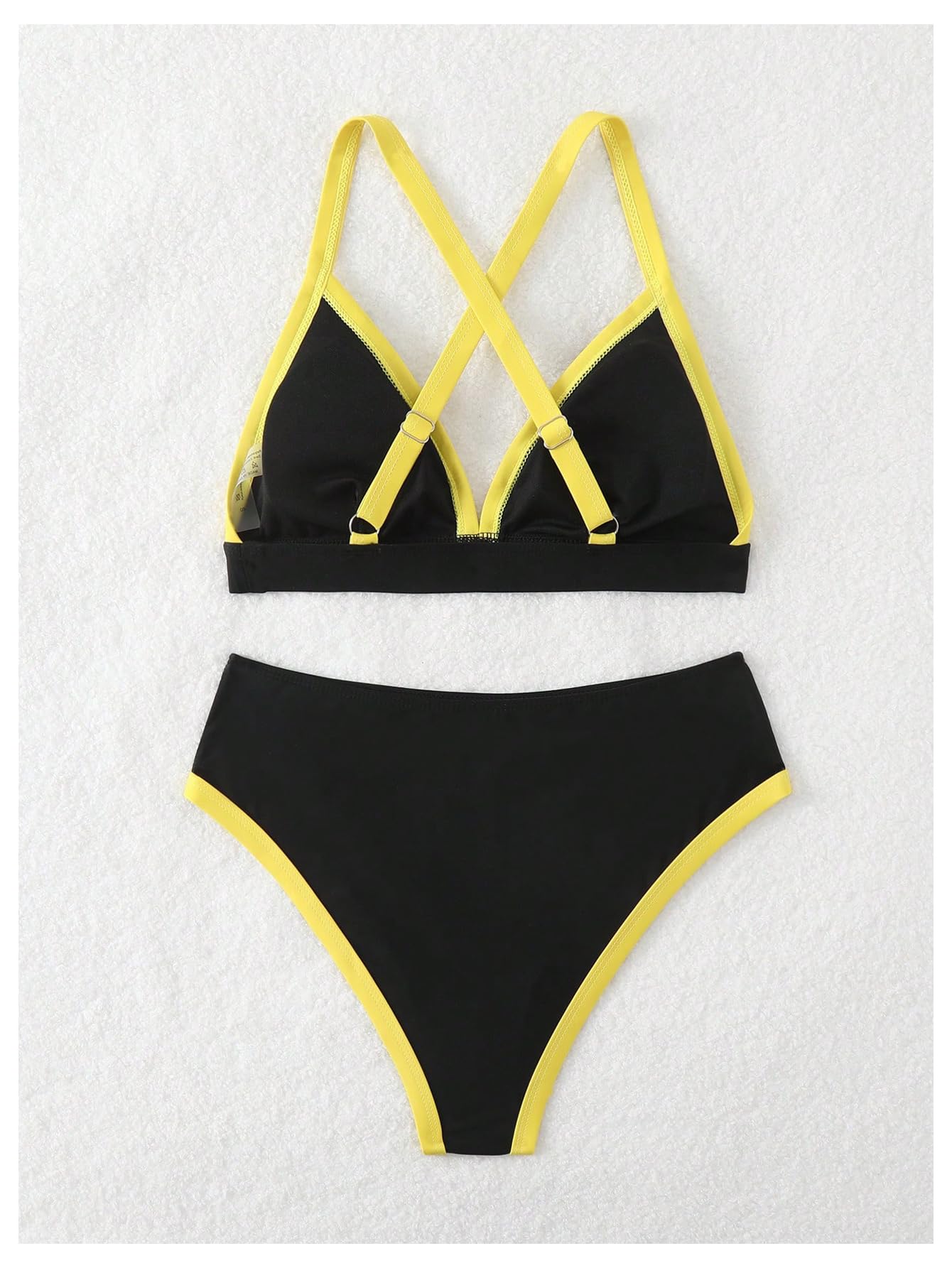 GORGLITTER Women's Triangle Jamaica Swimsuits Color Block High Waisted Bikini High Cut Thong Bathing Suit Black Large