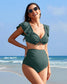 Charmo Maternity Swimsuit Two Piece Ruffle Sleeve Ribbed Ruched Bikini Tie Knot High Waisted Pregnancy Swimwear Green S