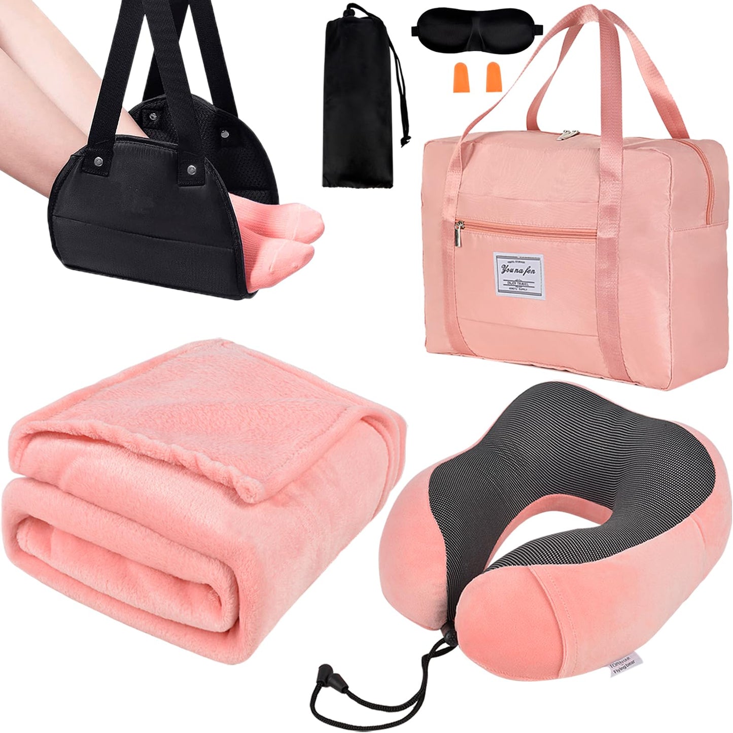 Travel Pillow and Blanket Set & Foot Rest, Memory Foam Neck Pillow Airplane Blanket & Airplane Foot Hammock & Foldable Duffel Bag, Eye Mask & Earplugs, Portable Travel Accessories Essentials, Pink