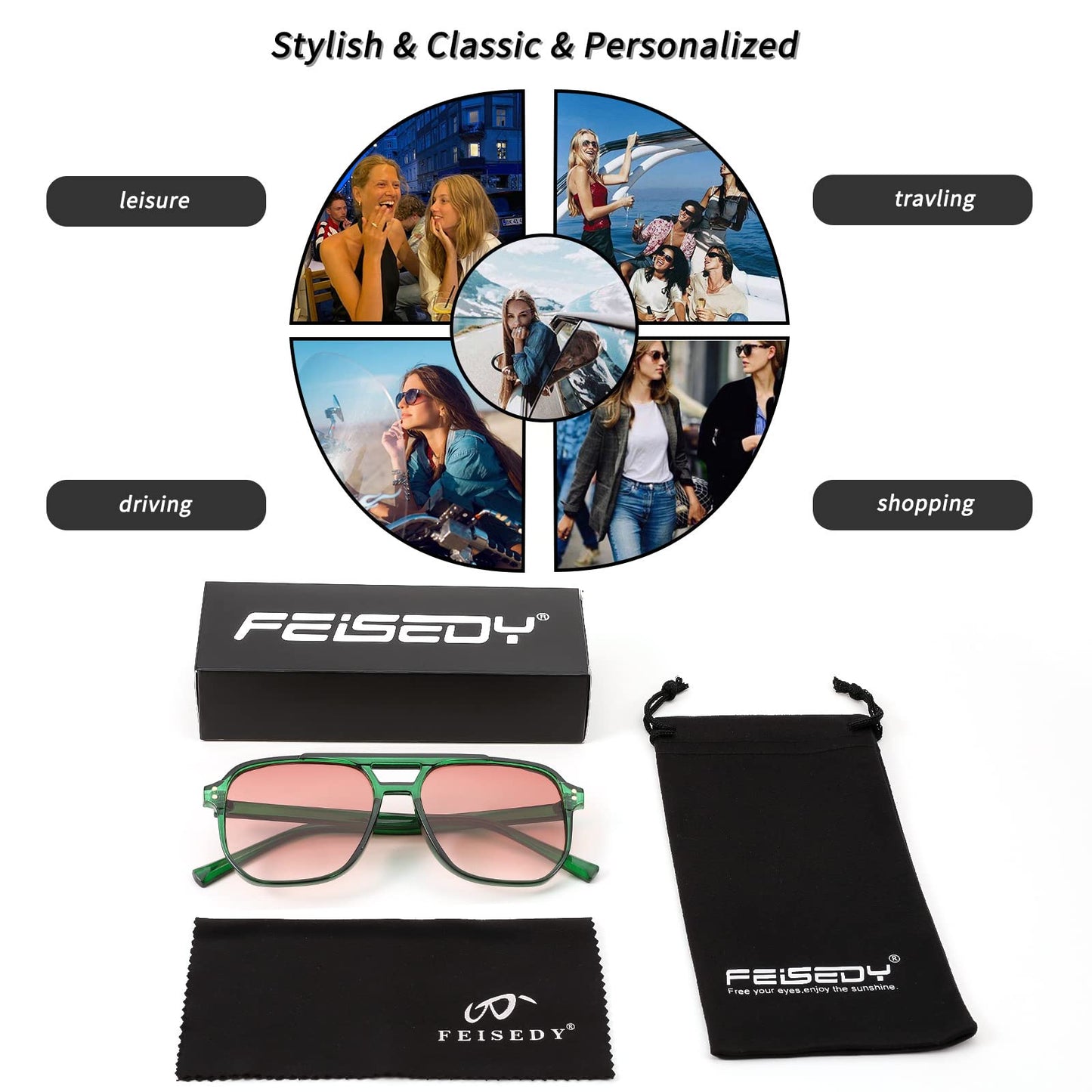 FEISEDY Retro Square Aviator Sunglasses Women Men 70s Vintage Trendy Plastic Frame Sun Glasses B2835