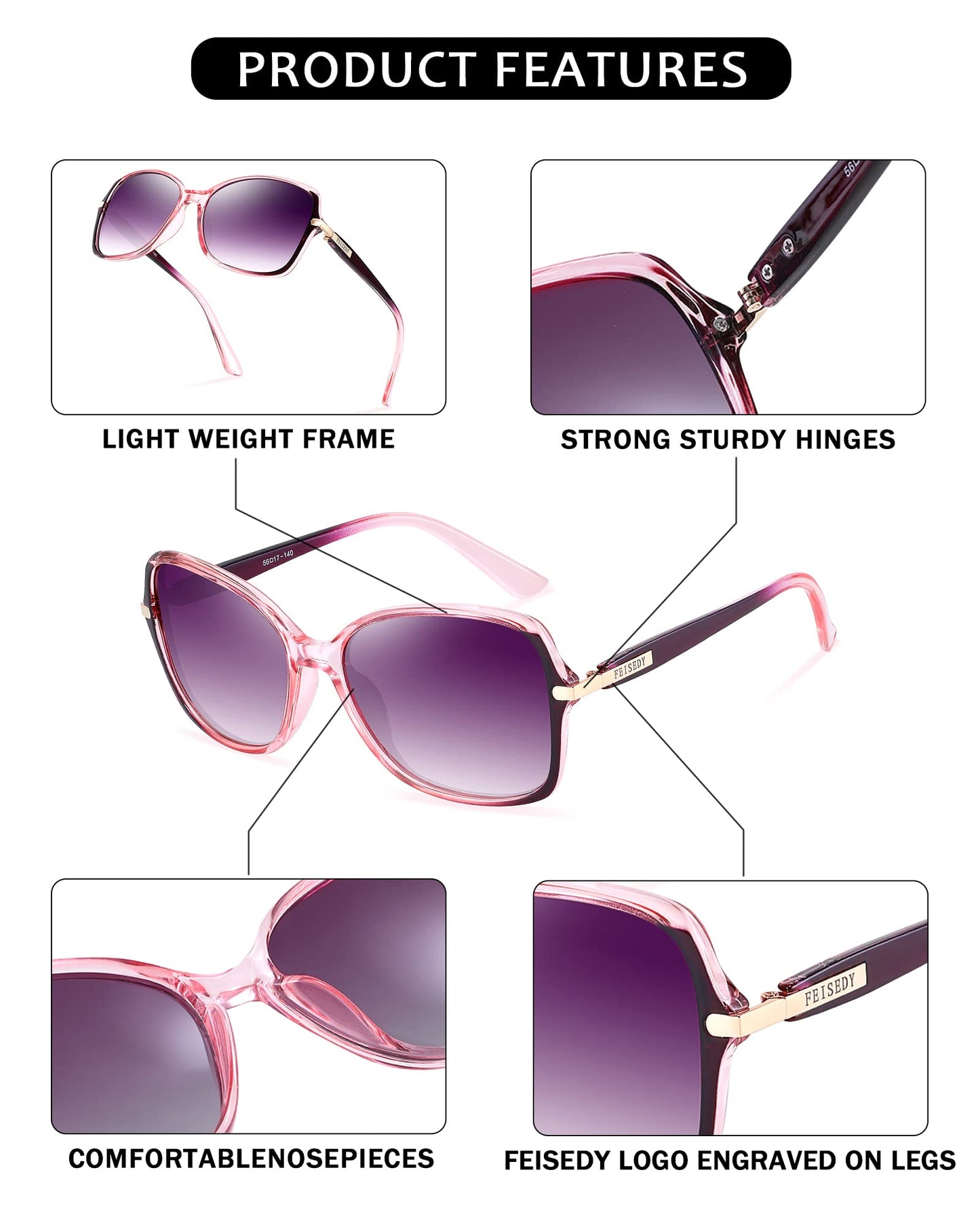 FEISEDY Womens Polarized Sunglasses, Trendy Elegant Colored Frame for Ladies, UV400 Protection B2760