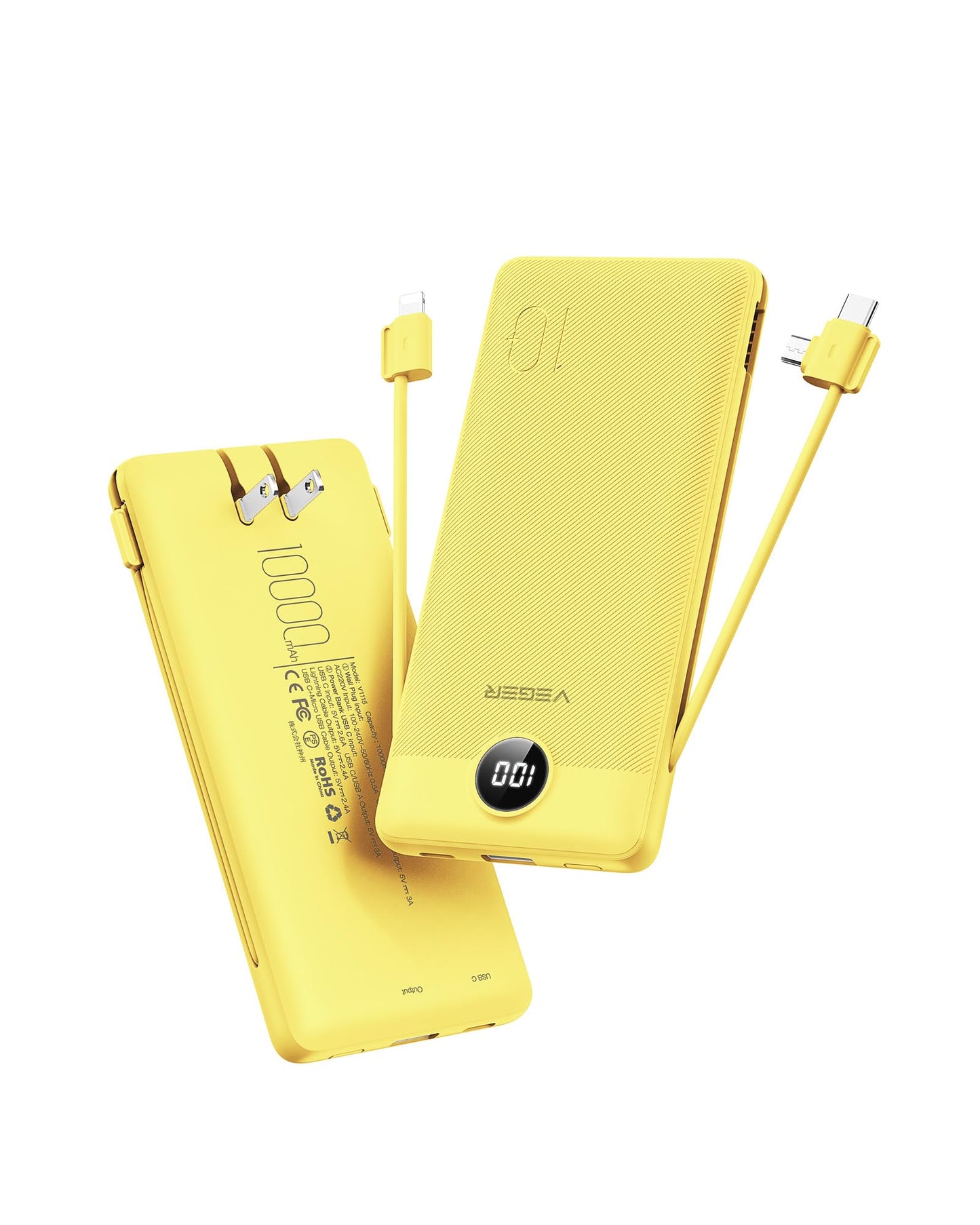 VEGER Portable Charger for iPhone with Built in Cables and Wall Plug, 10000mah Slim Fast Charging USB C Power Bank, Travel Essential Battery Pack Compatible with iPhone, iPad, Samsung etc(Yellow)