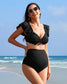 Charmo Maternity Swimsuit Two Piece Ruffle Sleeve Ribbed Ruched Bikini Tie Knot High Waisted Pregnancy Swimwear Black S