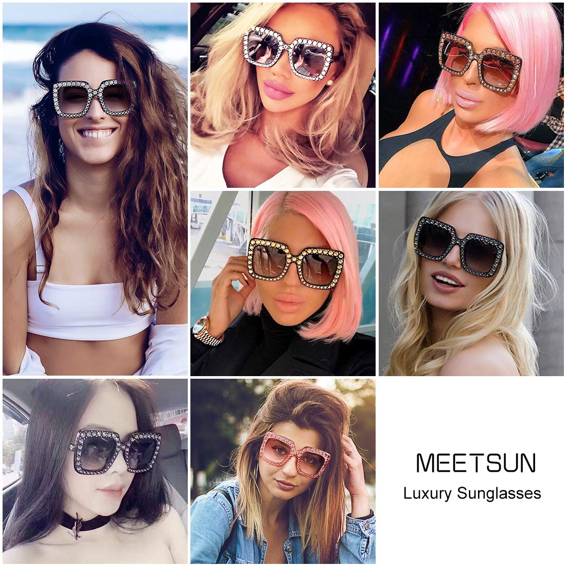 MEETSUN Sunglasses For Women Oversized Square Luxury Crystal Frame Designer Fashion Glasses Pink-Gradient