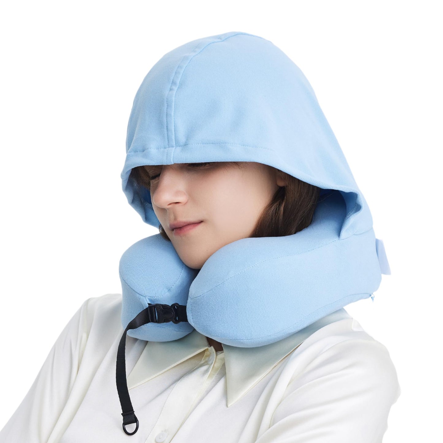 ALLINCOZY Hooded Travel Pillow, 100% Pure Memory Foam Upgraded Travel Neck Pillow with Hood for Airplane, Outdoor, Office, Soft, Washable, Easy Storage, Blue