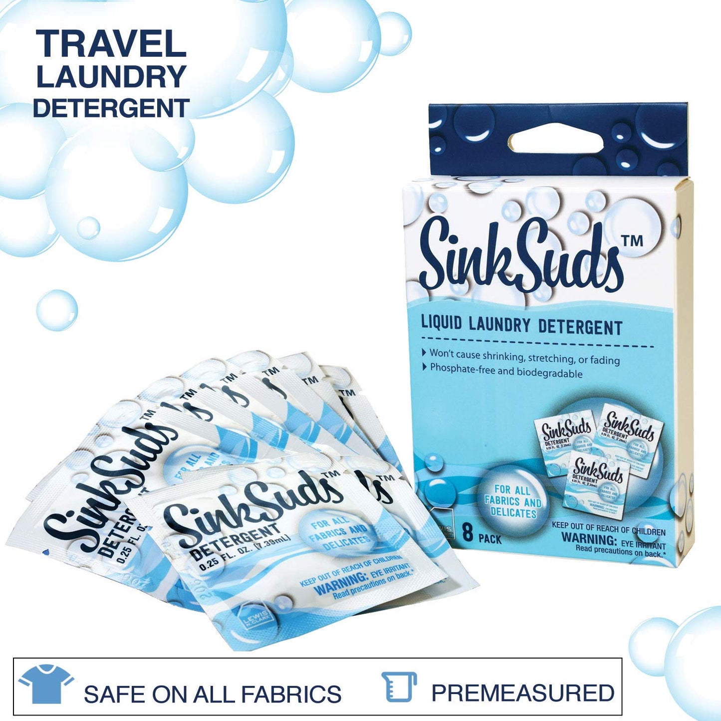 SinkSuds Laundry Detergent, Travel Size Liquid Soap, TSA Compliant, Safe For All Fabrics, 8 Packets (Packaging May Vary)