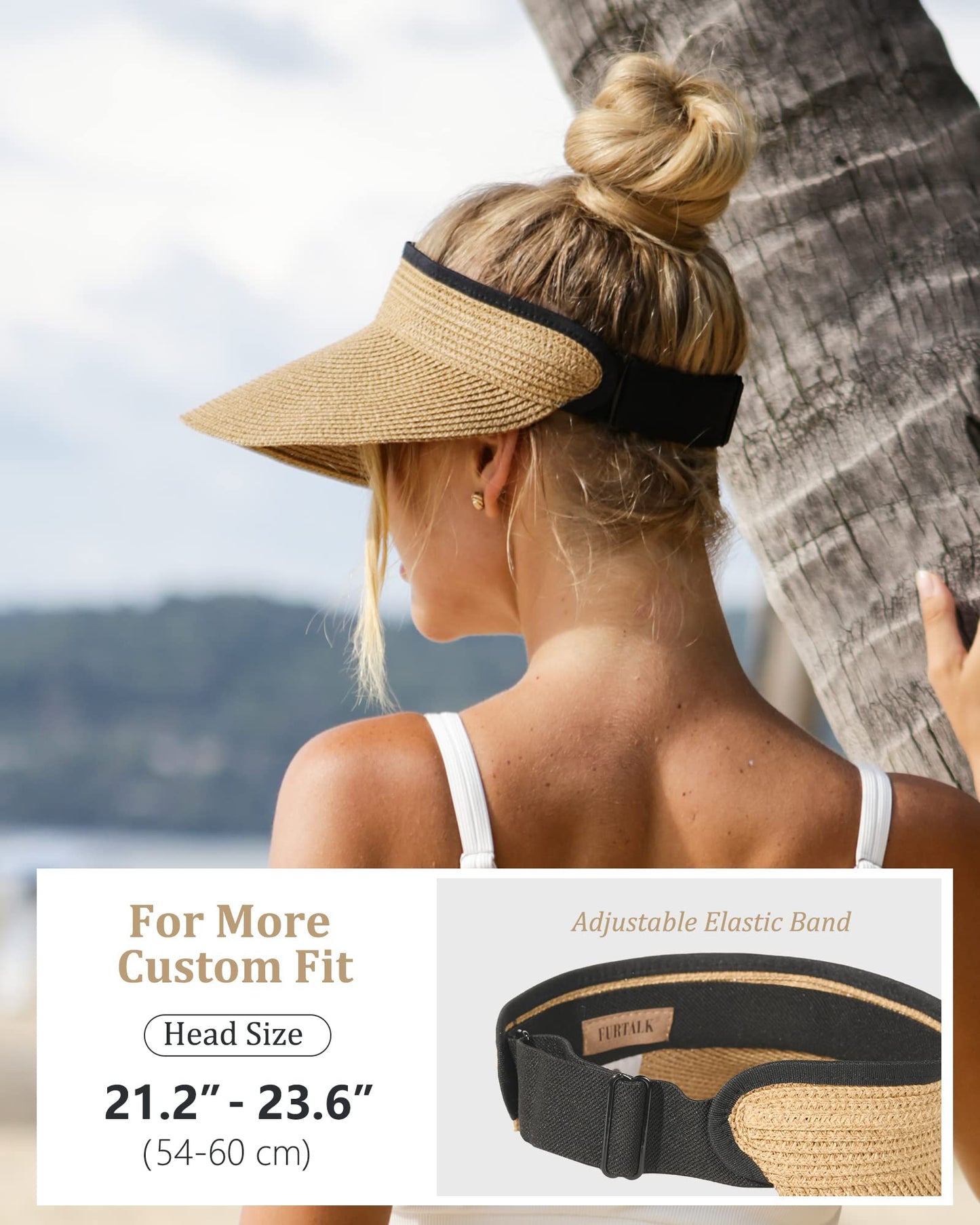 FURTALK Hat Straw Sun Visors for Women Summer Packable Ponytail Beach Hats for Travel UPF 50+ (Wide Brim Khaki, One Size)