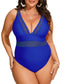 CUPSHE Women's Plus Size One Piece Swimsuit V Neck Mesh Sheer Tummy Control Bathing Suit 1X, Blue