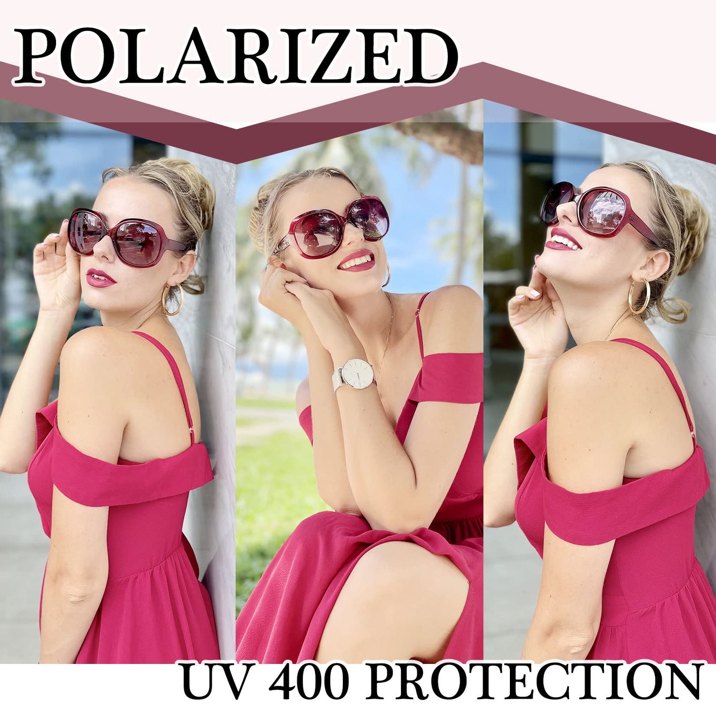 Transparent Rose Red Sunglasses for women, Oversized Ladies Jackie Sun Glasses with Polarized Lens, Trendy UV Protective Sunnies Shades