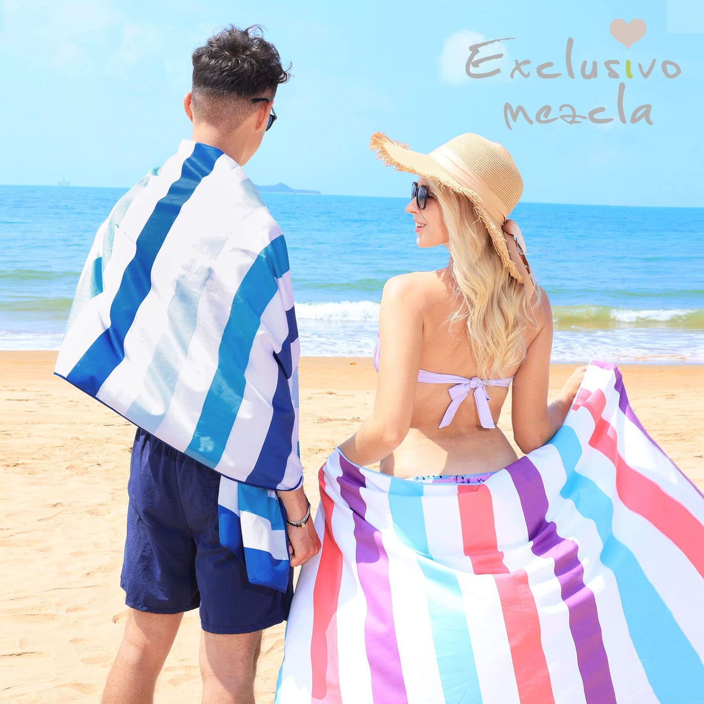 Exclusivo Mezcla Large Microfiber Quick Dry Beach Towel for Adults, Lightweight Sand Free Cabana Stripe Pool Travel Camping Towel with Bag (Blue, 30"X60")