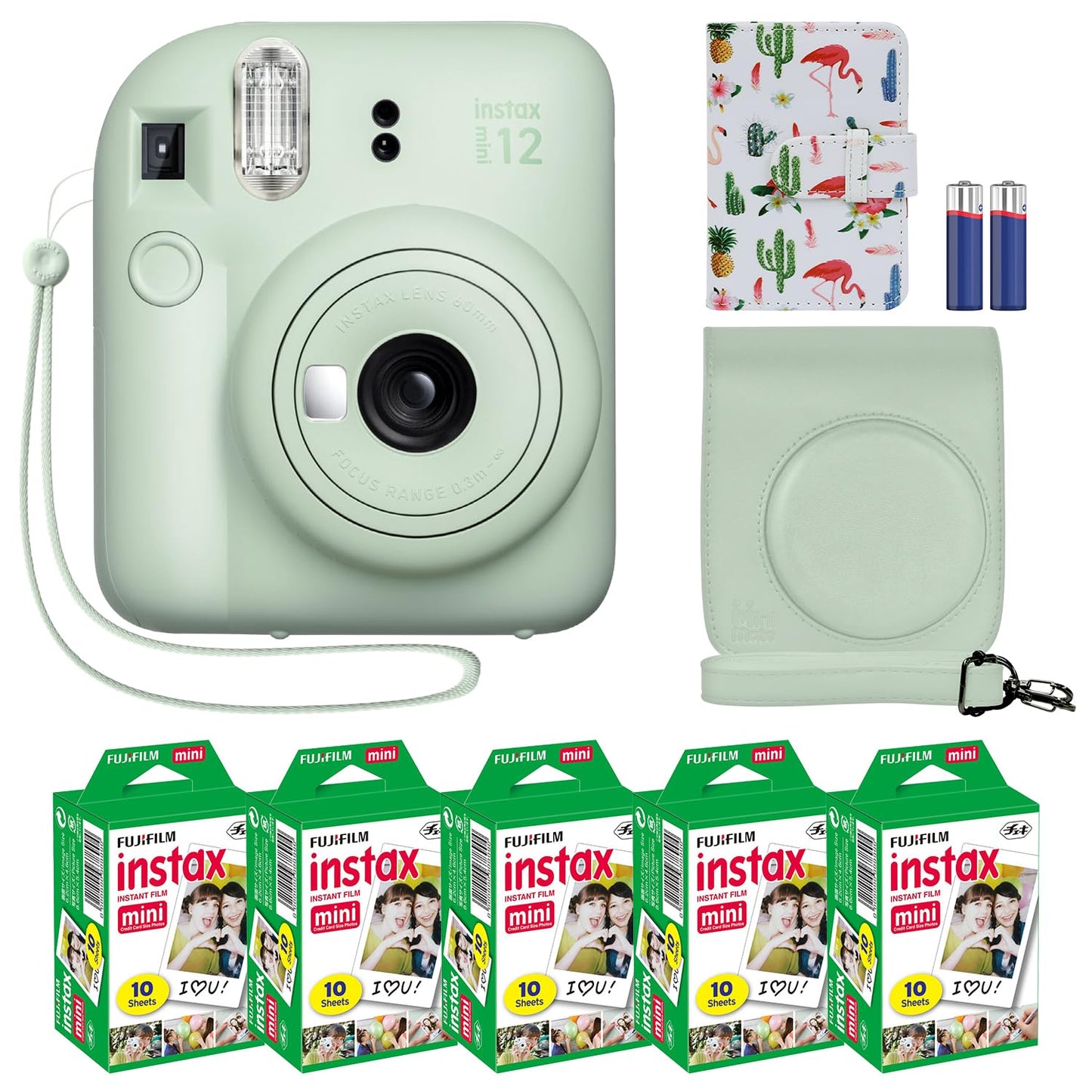 Fujifilm Instax Mini 12 Instant Camera Mint Green + MiniMate Accessory Bundle & Compatible Custom Case + Fuji Instax Film Value Pack (50 Sheets) Flamingo Designer Photo Album