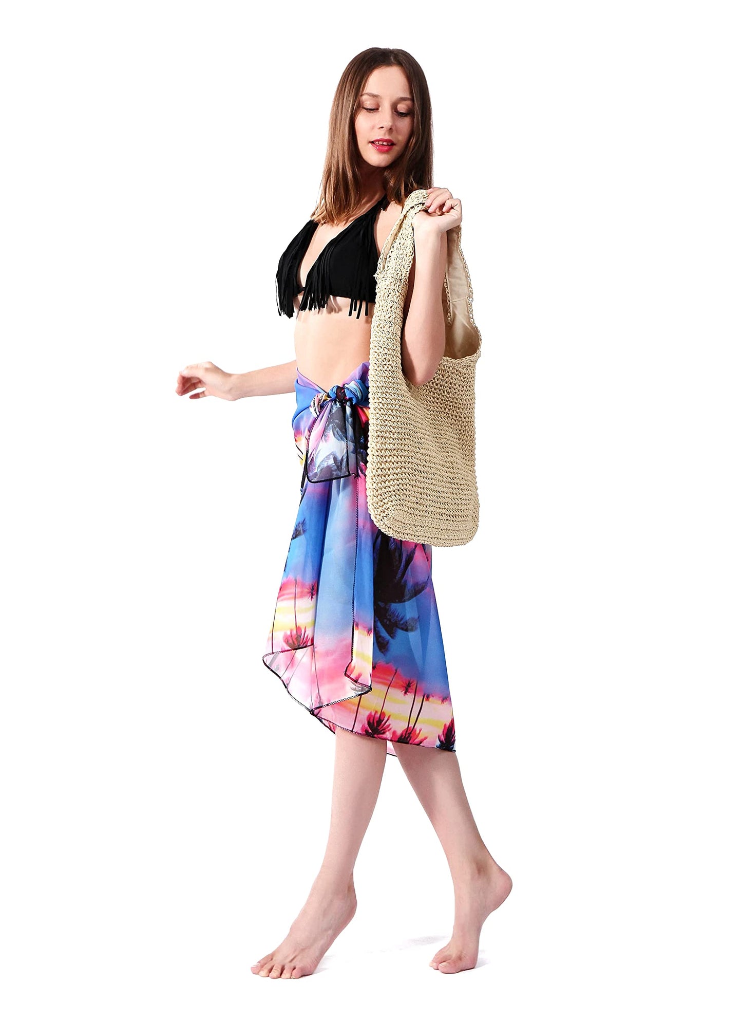 Ayliss Womens Swimwear Chiffon Cover up Solid Color Printed Beach Sarong Swimsuit Wrap Skirt Bathing Bikini (Multicolour Coconut Palm #1)