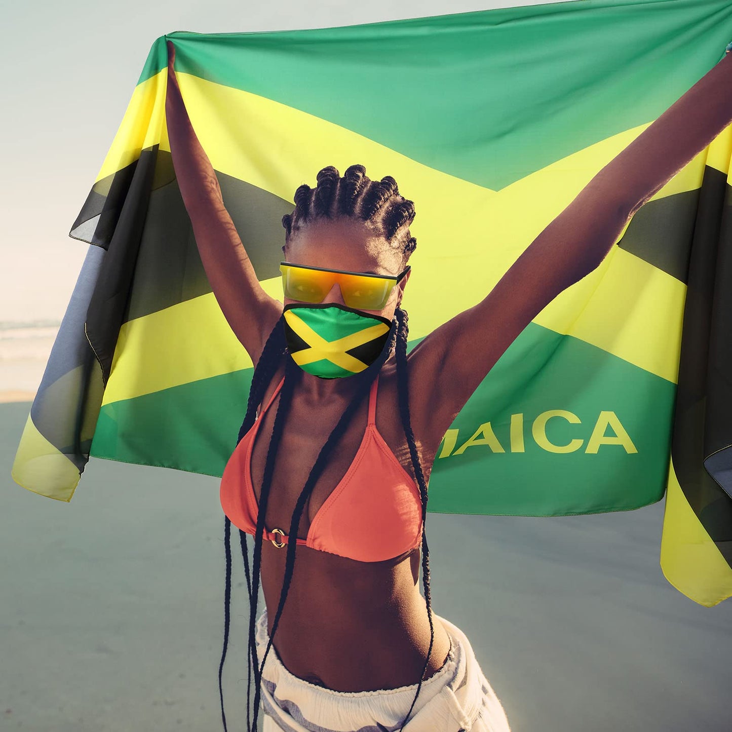 Yahenda 4 Pcs Jamaica Swimsuits for Women Set Include Water Shoes, Mask Sunglasses(Women 6.5-7.5,Jamaican Flag Color)