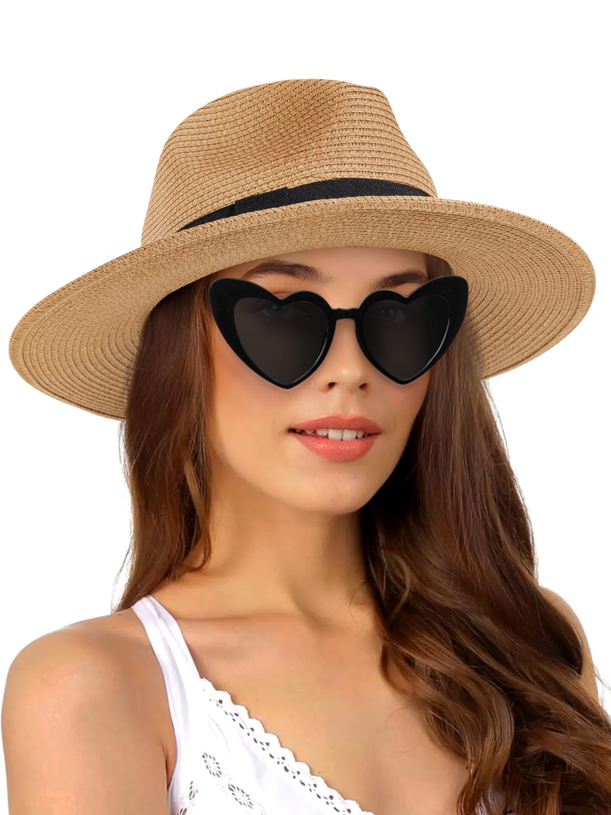 Sun Hats for Women Straw Panama Hat Wide Brim Fedora Beach Hat Packable UV UPF 50+ Summer Hat Khaki