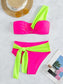 MakeMeChic Women's 2 Piece Swimsuit Color Block One Shoulder Knot Front High Waisted Bikini Set Hot Pink S