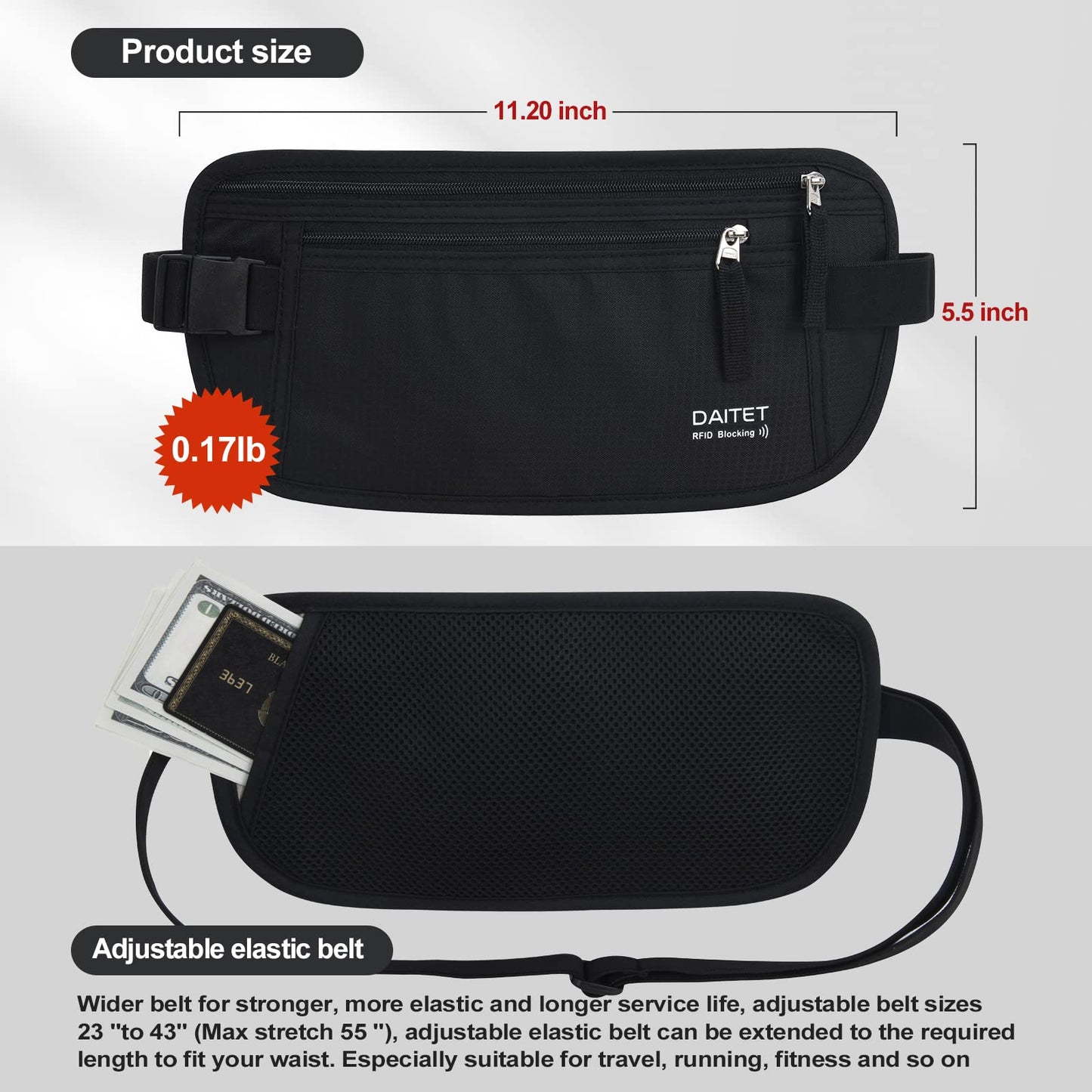 DAITET Money Belt - Passport Holder Secure Hidden Travel Wallet with RFID Blocking, Undercover Fanny Pack (Black)