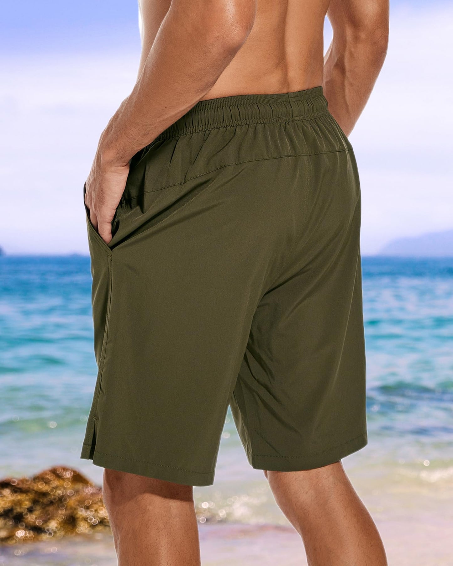 difficort Mens Swim Trunks Quick Dry Bathing Suit 9 inch Inseam Board Shorts with Compression Liner and Zipper Pocket,Army Green,Small