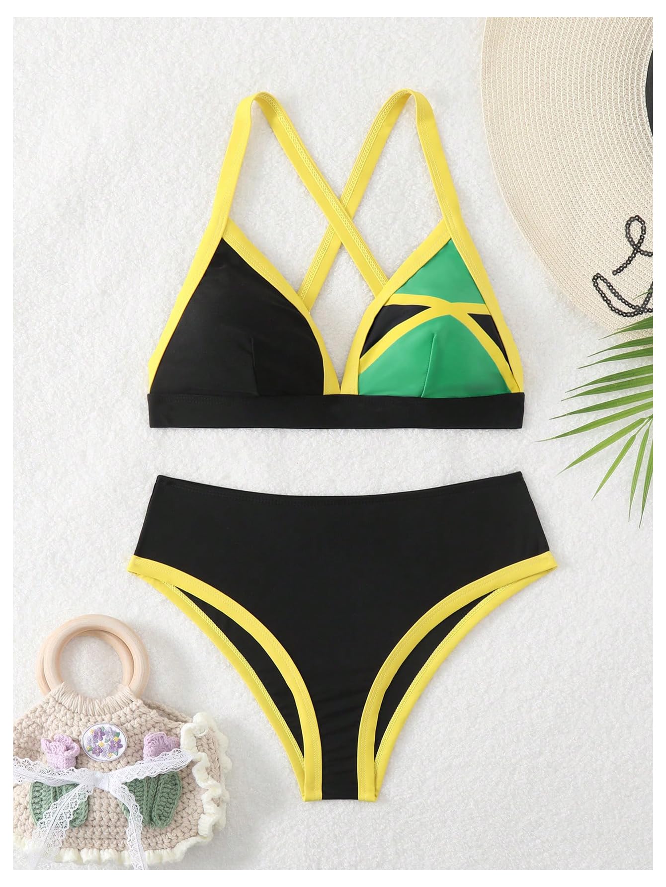GORGLITTER Women's Triangle Jamaica Swimsuits Color Block High Waisted Bikini High Cut Thong Bathing Suit Black Large