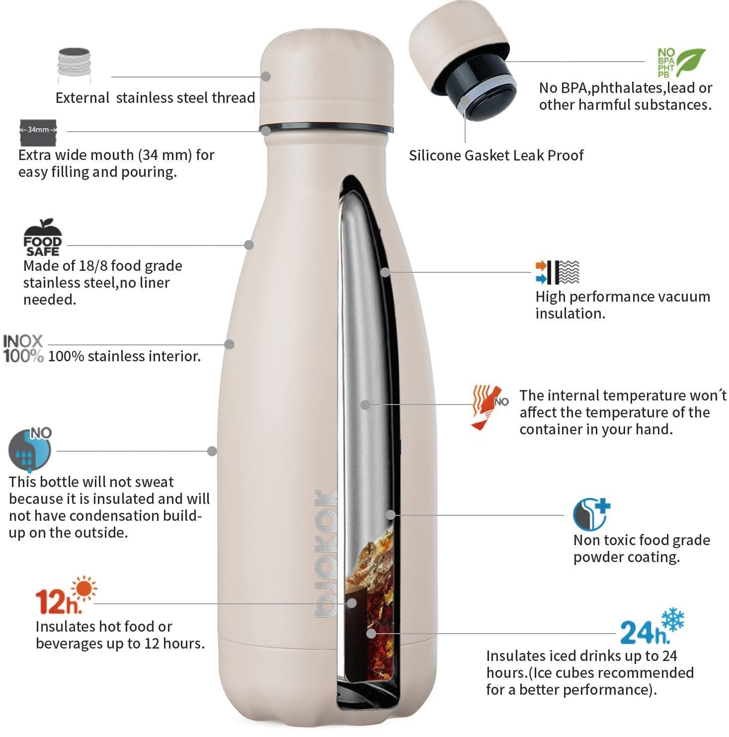 BJPKPK Water Bottles Stainless Steel Insulated Water Bottle 12oz Small Water Bottles For Travel,Apricot