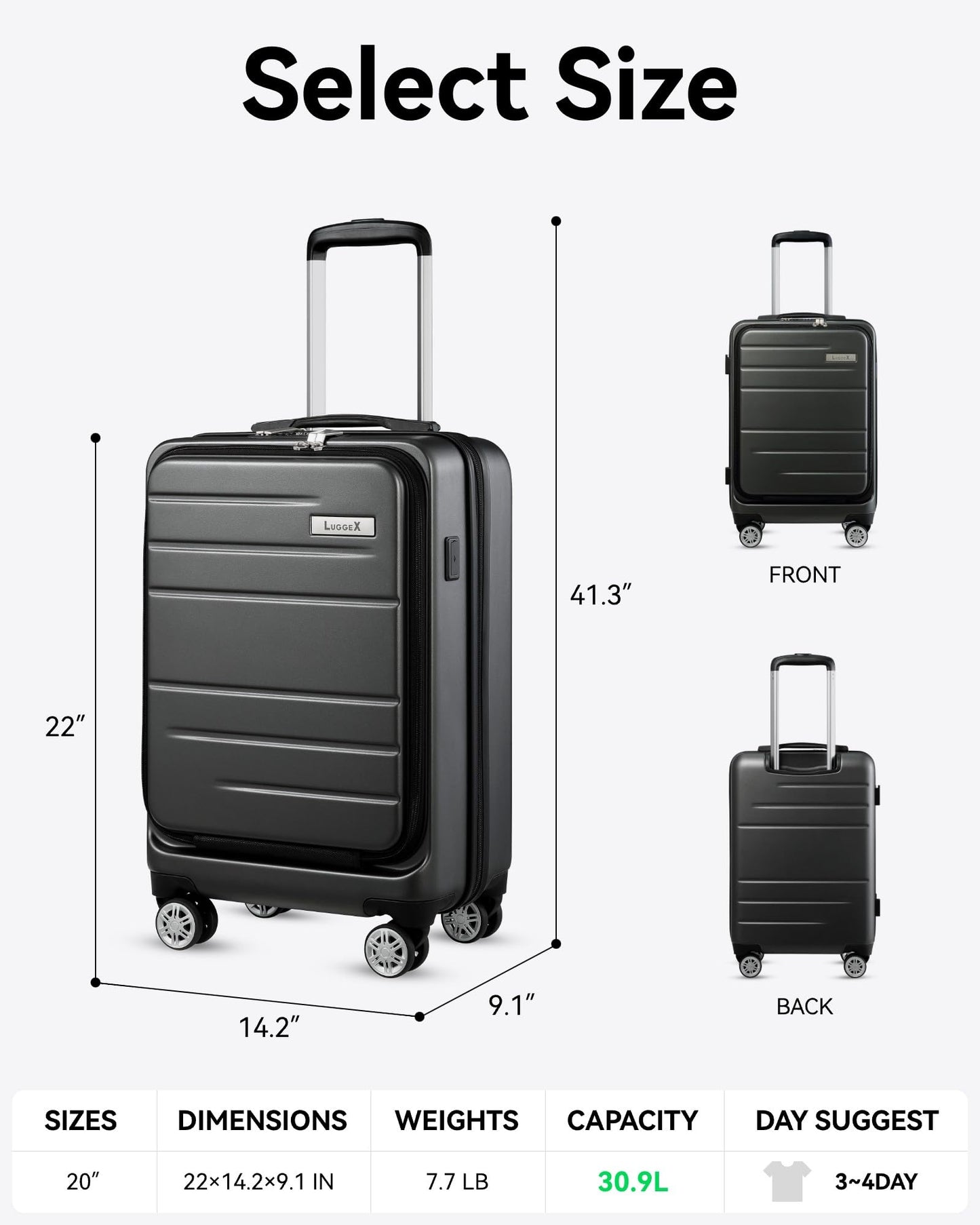 LUGGEX Carry On Luggage 22x14x9 Airline Approved - Polycarbonate Hard Suitcase with Front Pocket (Black, 20 Inch, 30.9L)