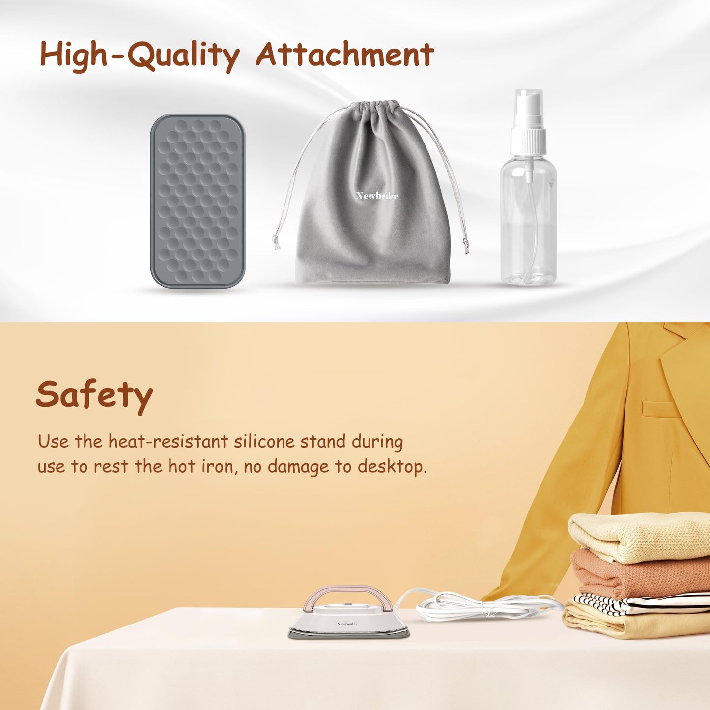 Newbealer Travel Iron with Dual Voltage - 120V/220V Lightweight Dry for Clothes (No Steam), Non-Stick Ceramic Soleplate, 302℉ Mini Heat Press Machine, w/Spray Bottle, Pouch & Silicone Stand