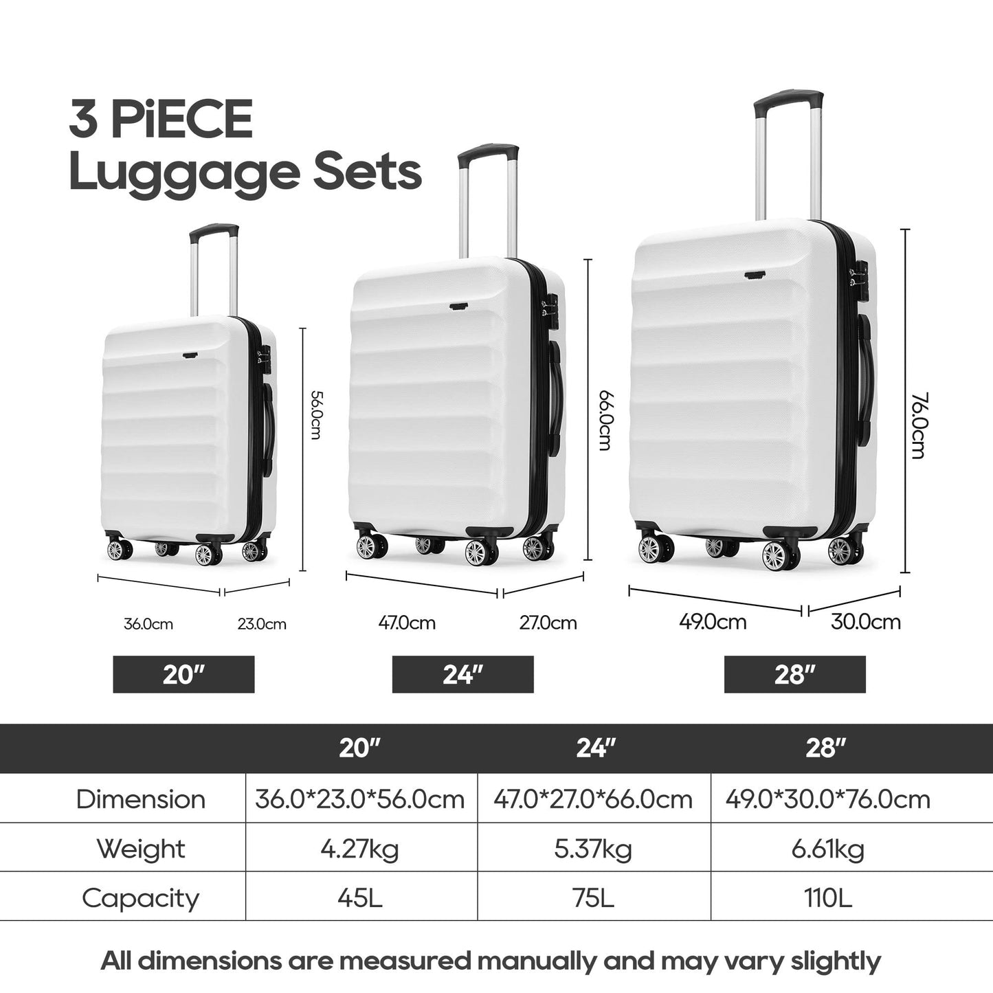 GinzaTravel 3-Piece PP Luggage Set with TSA Locks, Expandable, and Friction-Resistant in white - Includes 20", 24" & 28" Spinner Suitcases