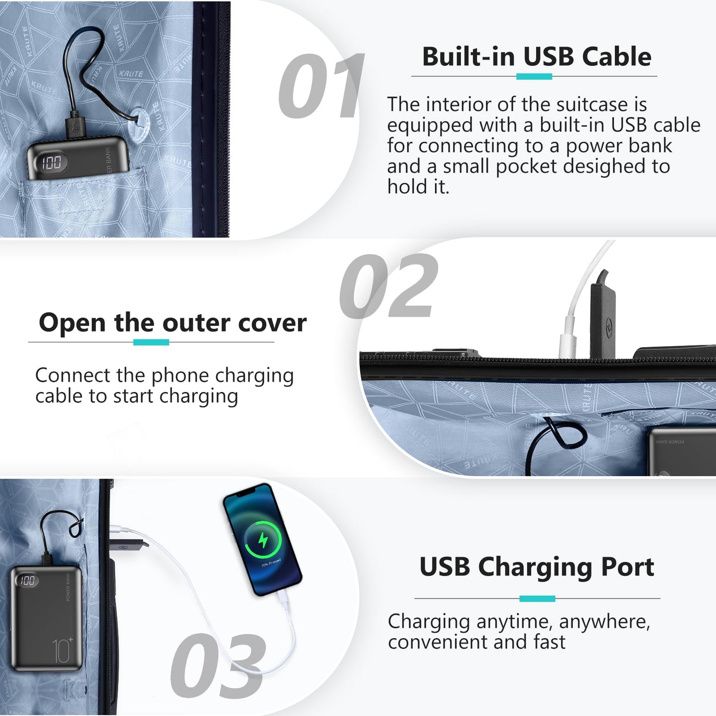 Krute Carry On Suitcase with wheels,21 Inch Airline Approved Hard Shell Luggage with USB Charging Port & TSA Lock Lightweight PC ABS White