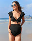 Charmo Maternity Swimsuit Two Piece Ruffle Sleeve Ribbed Ruched Bikini Tie Knot High Waisted Pregnancy Swimwear Black S