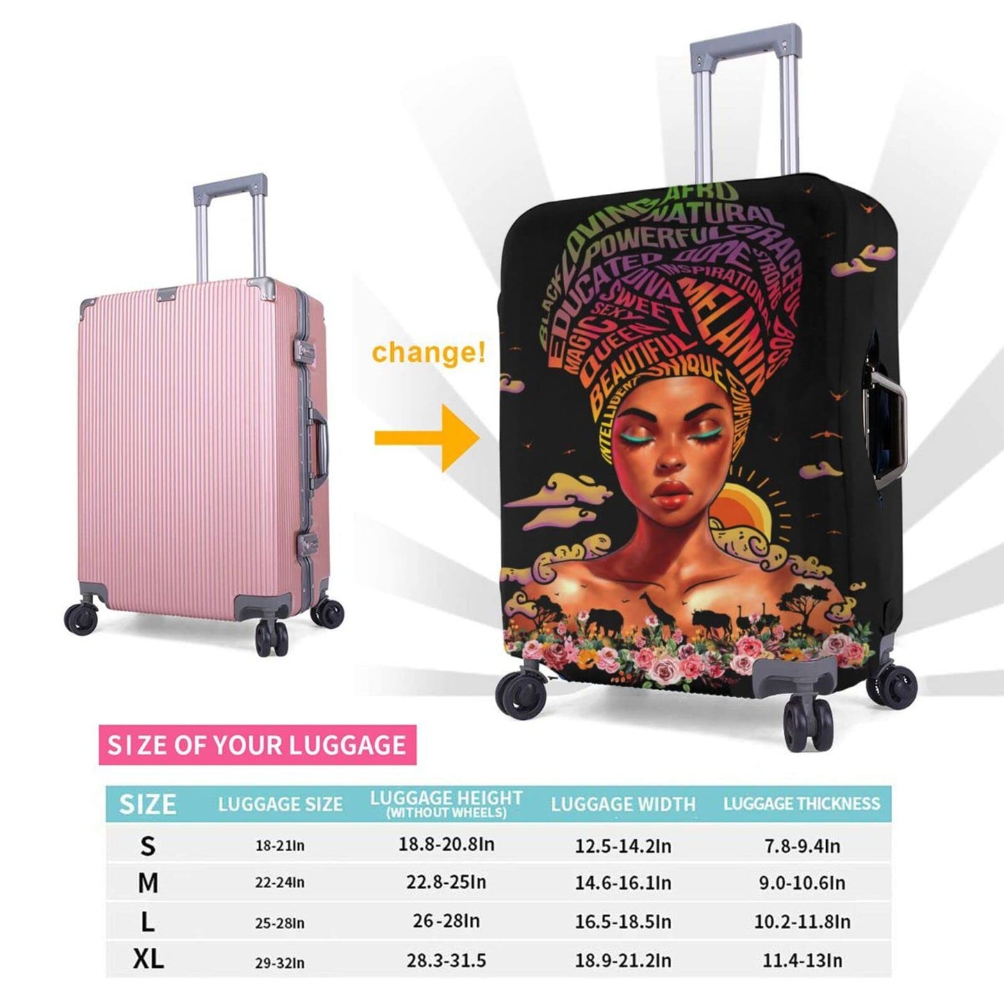 Hepmant Travel Suitcase Protector African American Woman Elastic Protective Washable Luggage Cover With Concealed Zipper Suitable For 18-32 Inch【S (for 18-21 inch luggage)】