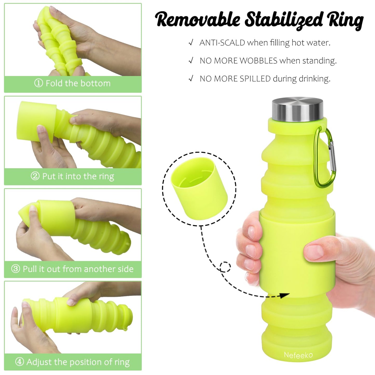 Nefeeko Collapsible Water Bottle, Reuseable BPA Free Silicone Foldable Water Bottles for Travel Gym Camping Hiking, Portable Leak Proof Sports Water Bottle with Carabiner