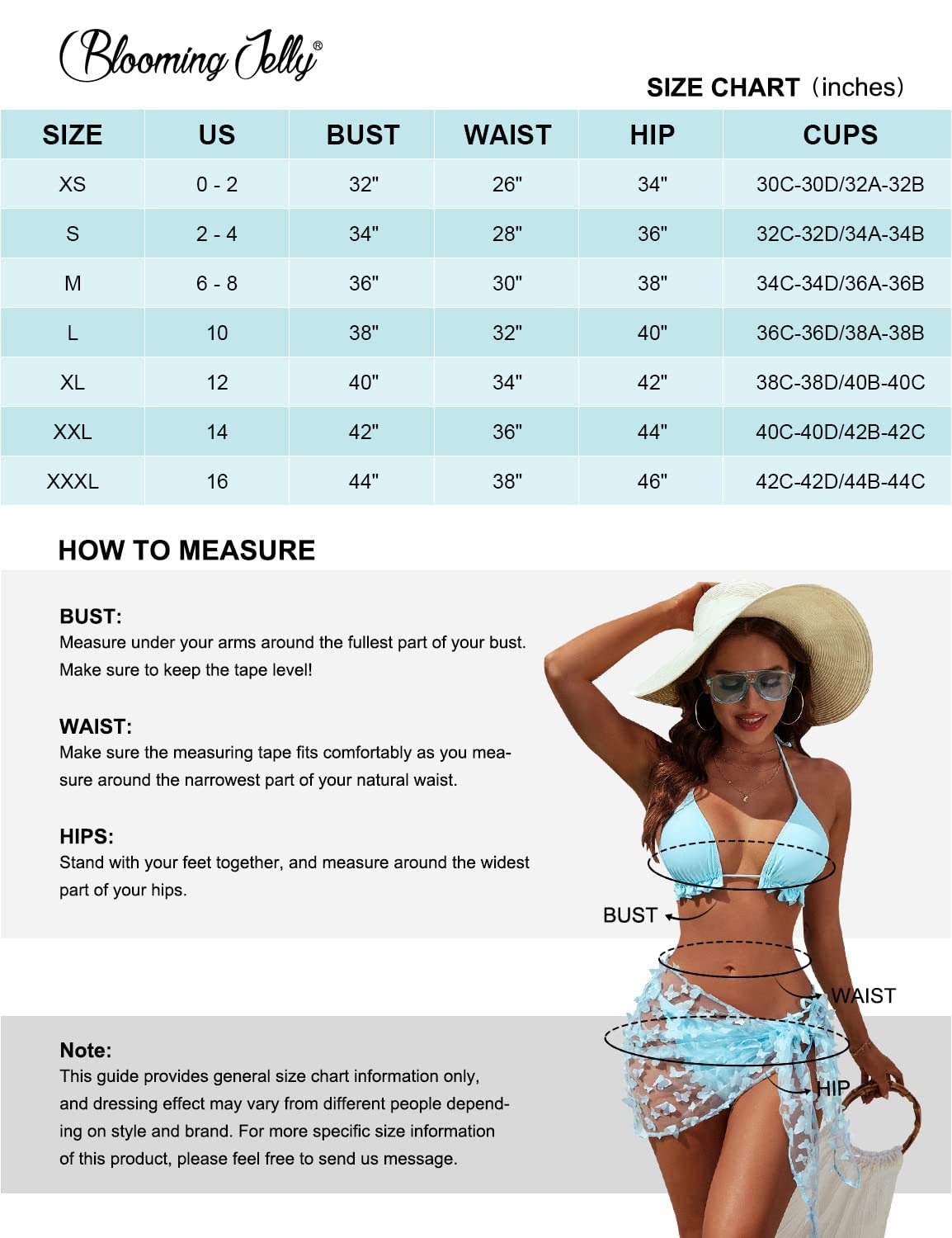 Blooming Jelly Womens 3 Piece Swimsuits Triangle Halter Thong Bikini Set Butterfly Bathing Suits Sarongs(Medium, Blue)