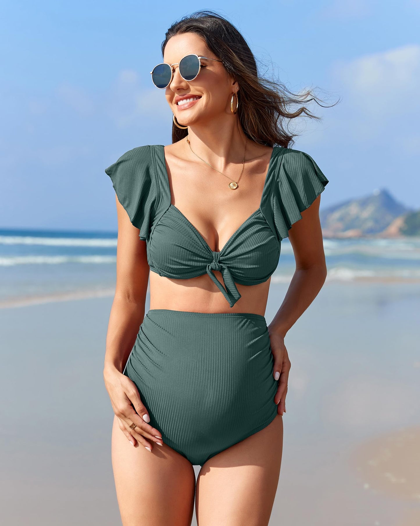 Charmo Maternity Swimsuit Two Piece Ruffle Sleeve Ribbed Ruched Bikini Tie Knot High Waisted Pregnancy Swimwear Green S