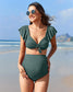 Charmo Maternity Swimsuit Two Piece Ruffle Sleeve Ribbed Ruched Bikini Tie Knot High Waisted Pregnancy Swimwear Green S