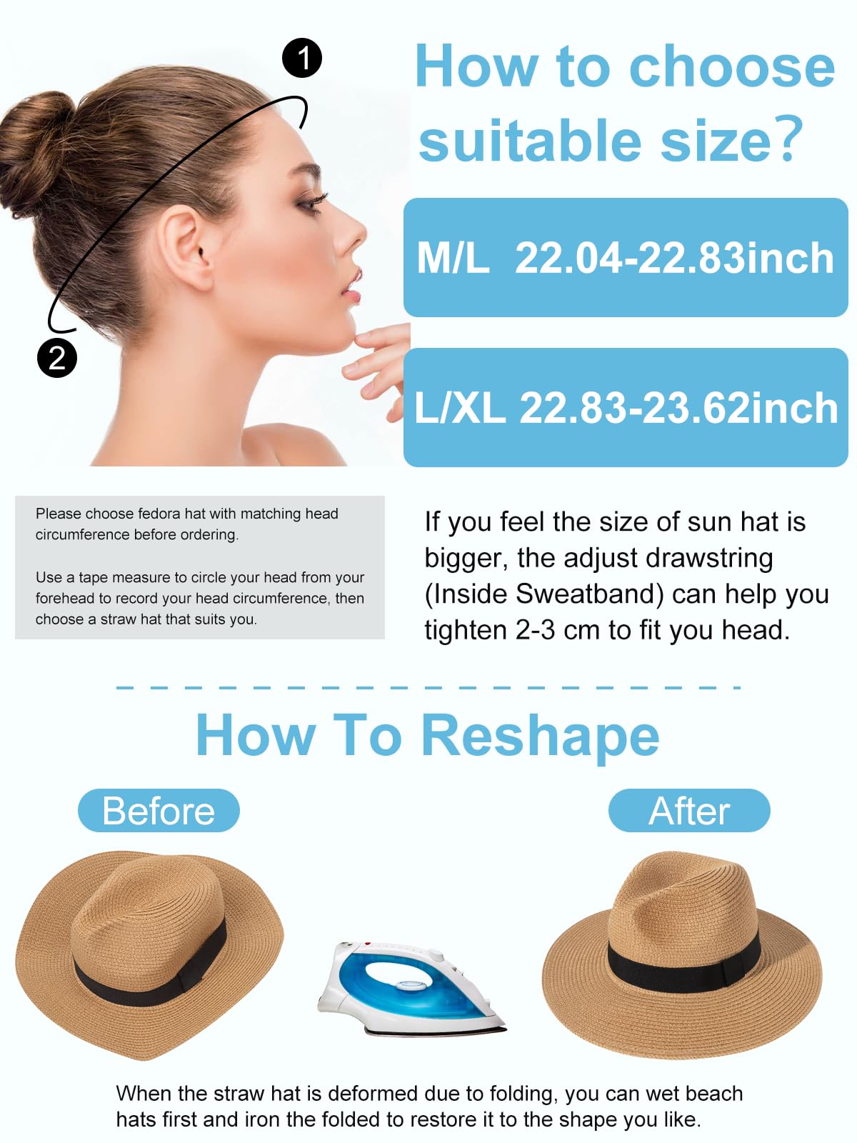 Sun Hats for Women Straw Panama Hat Wide Brim Fedora Beach Hat Packable UV UPF 50+ Summer Hat Khaki