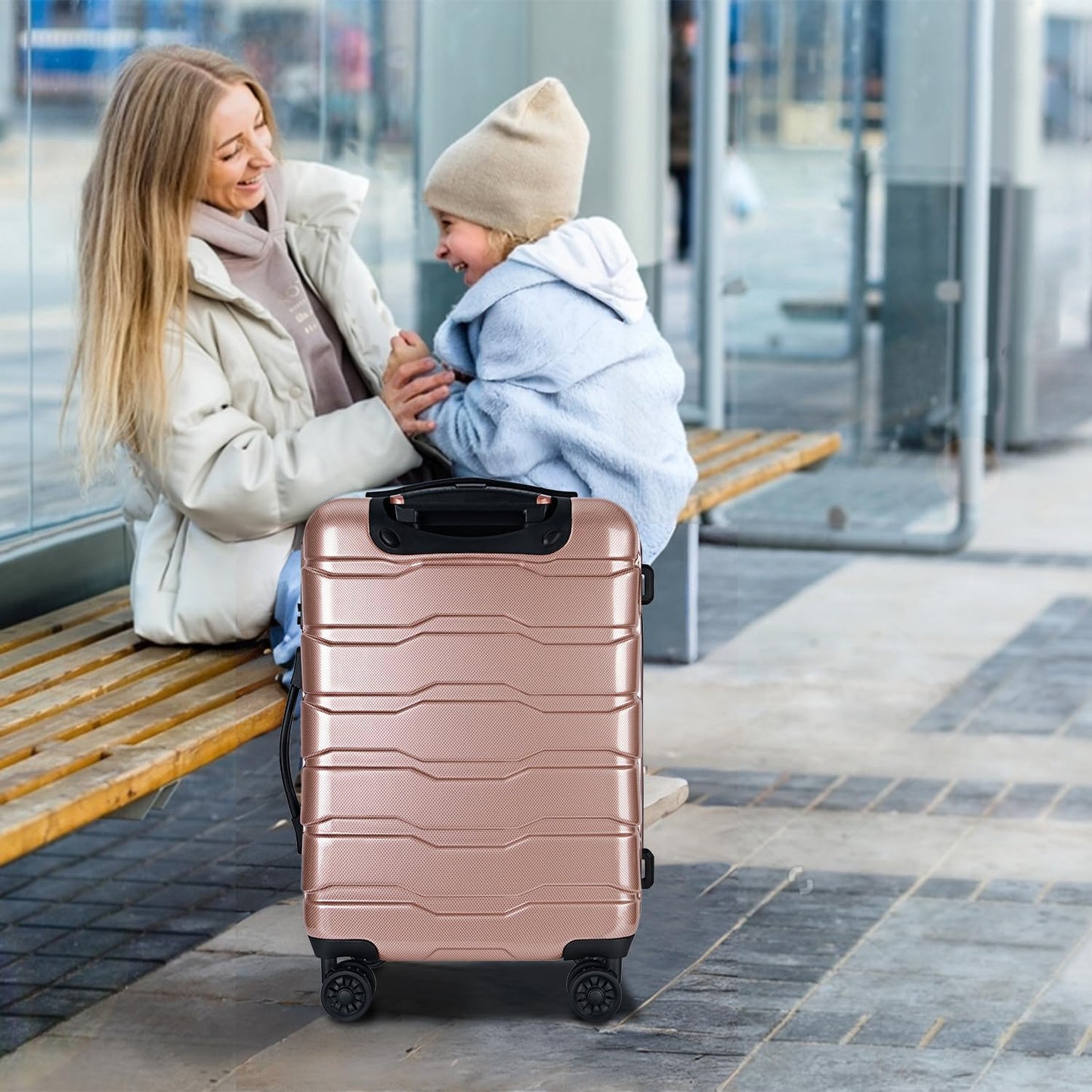 Speskiste 3 Piece Luggage Set, PC+ABS Lightweight Suitcase Sets with Spinner Wheels, Hardshell Luggage Sets with TSA Lock RoseGold (20/24/28)